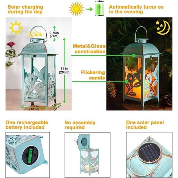 Solar Lantern Outdoor Hummingbird Blue Decor Antique Metal & Glass Construction - Picture 4 of 6